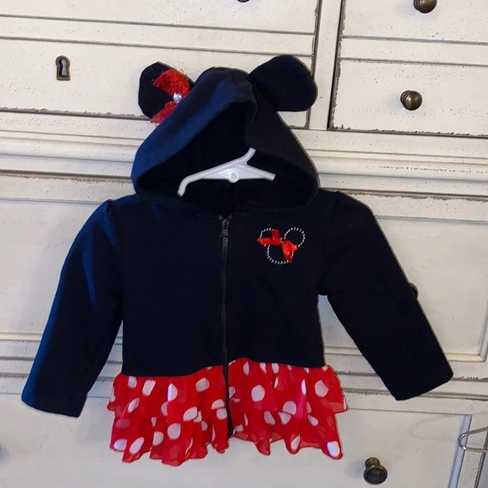 Disney Baby 18M Minnie Mouse black hooded light jacket with red polka dot ruffle